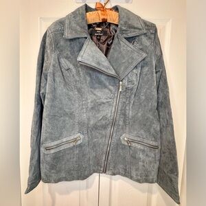 Dennis Basso Women's Gray Lined Full Zip Suede Leather Jacket Size small. VGUC